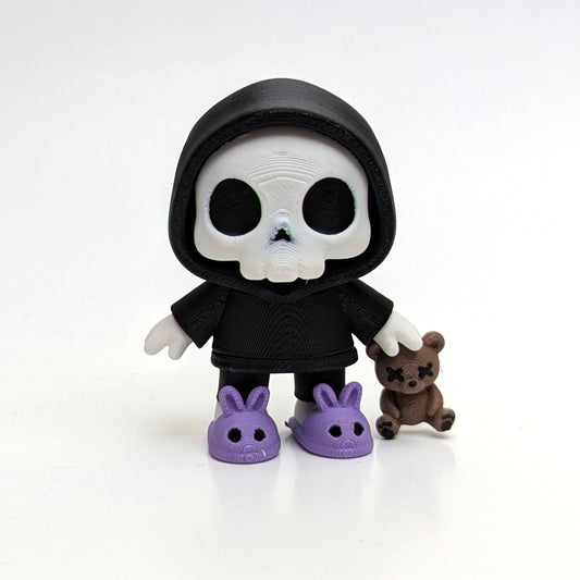 Dead Tired Articulated Skeleton Figurine – Cute Collectible with Hoodie, Bunny Slippers & Teddy Bear