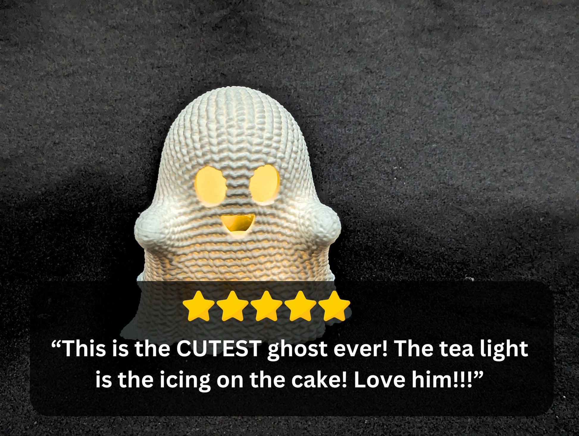 Adorable "Crocheted" Ghost w/Tea Light - Spooky Halloween Decoration - 3D Printed ghost with flickering battery power light included.