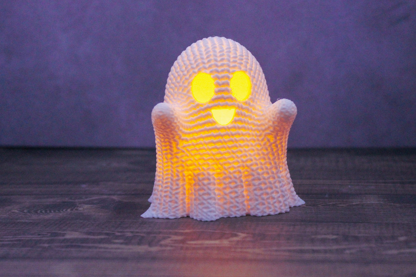 Adorable "Crocheted" Ghost w/Tea Light - Spooky Halloween Decoration - 3D Printed ghost with flickering battery power light included.