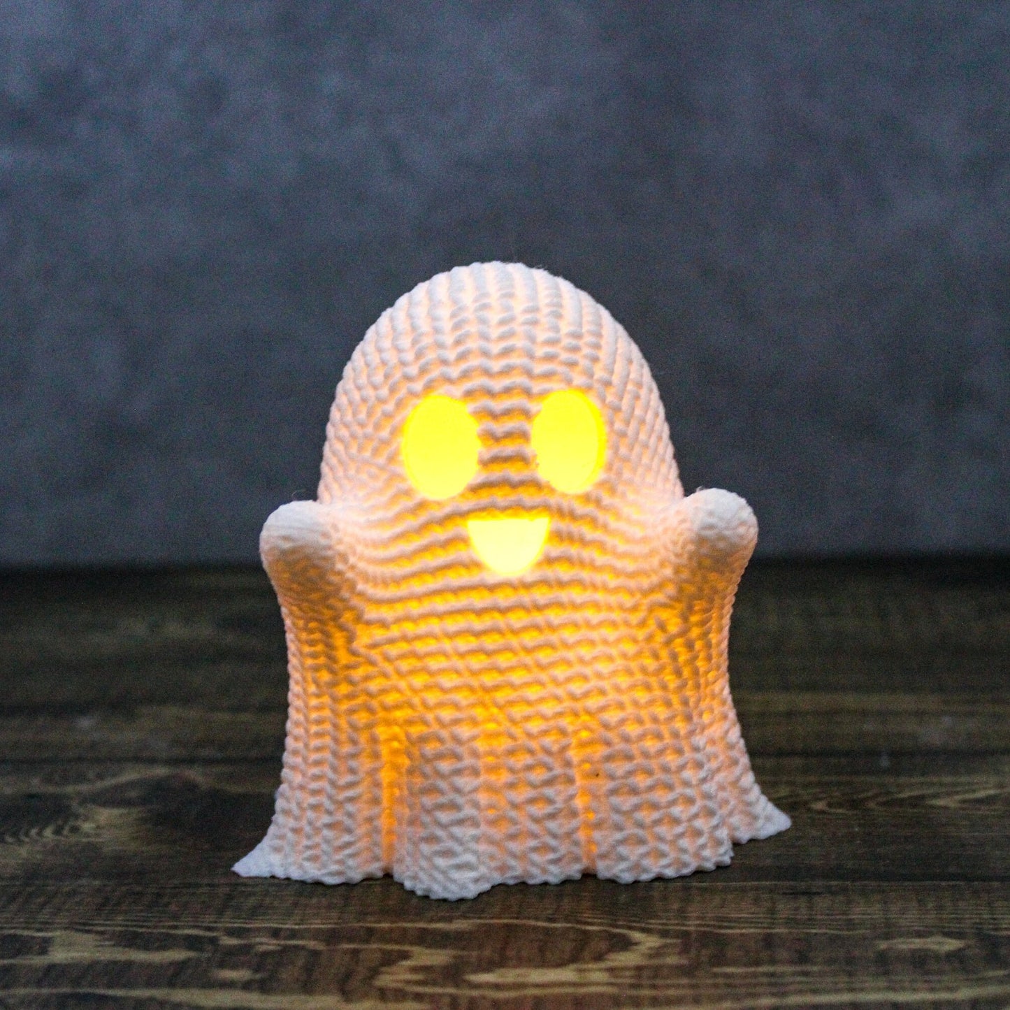 Adorable "Crocheted" Ghost w/Tea Light - Spooky Halloween Decoration - 3D Printed ghost with flickering battery power light included.