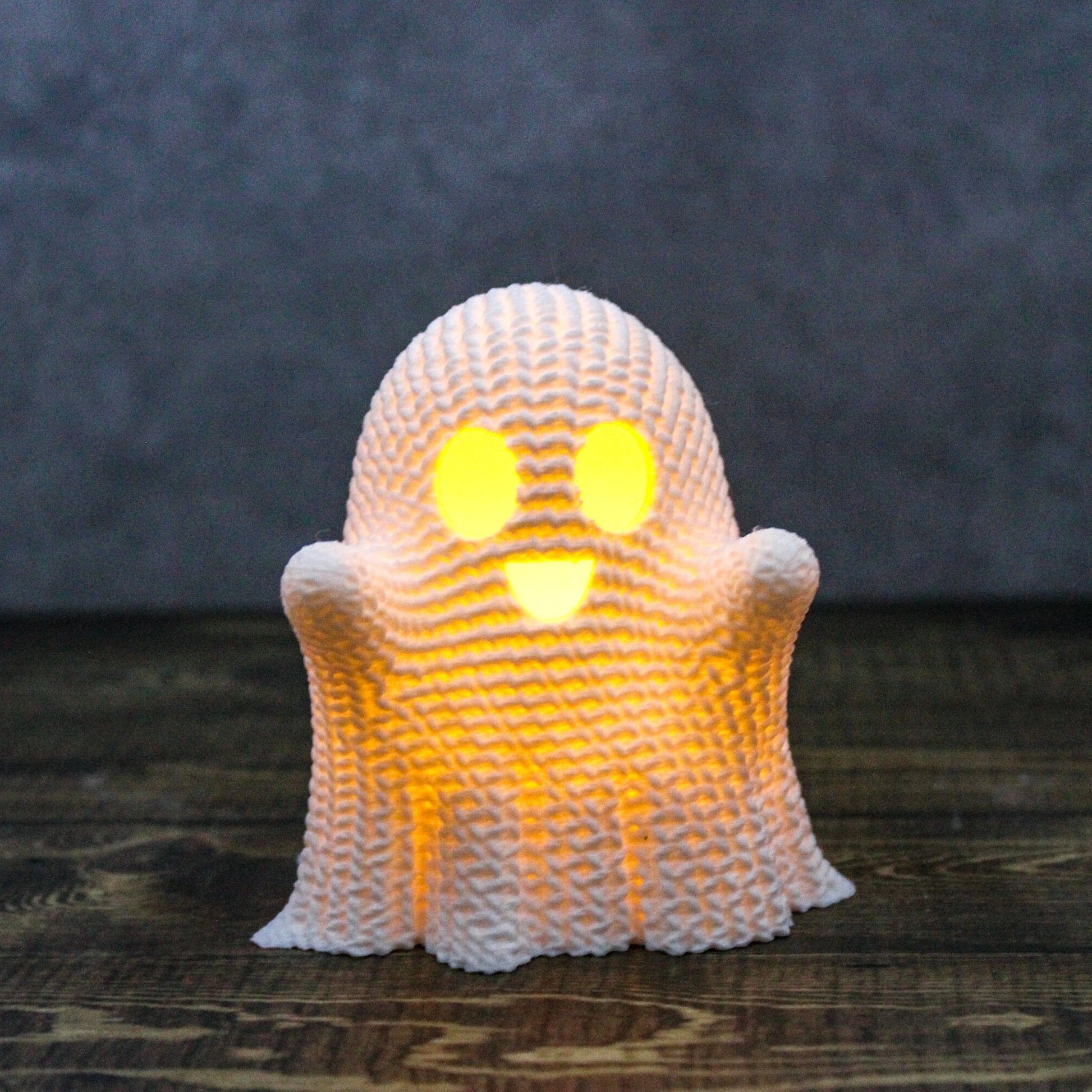 Adorable "Crocheted" Ghost w/Tea Light - Spooky Halloween Decoration - 3D Printed ghost with flickering battery power light included.