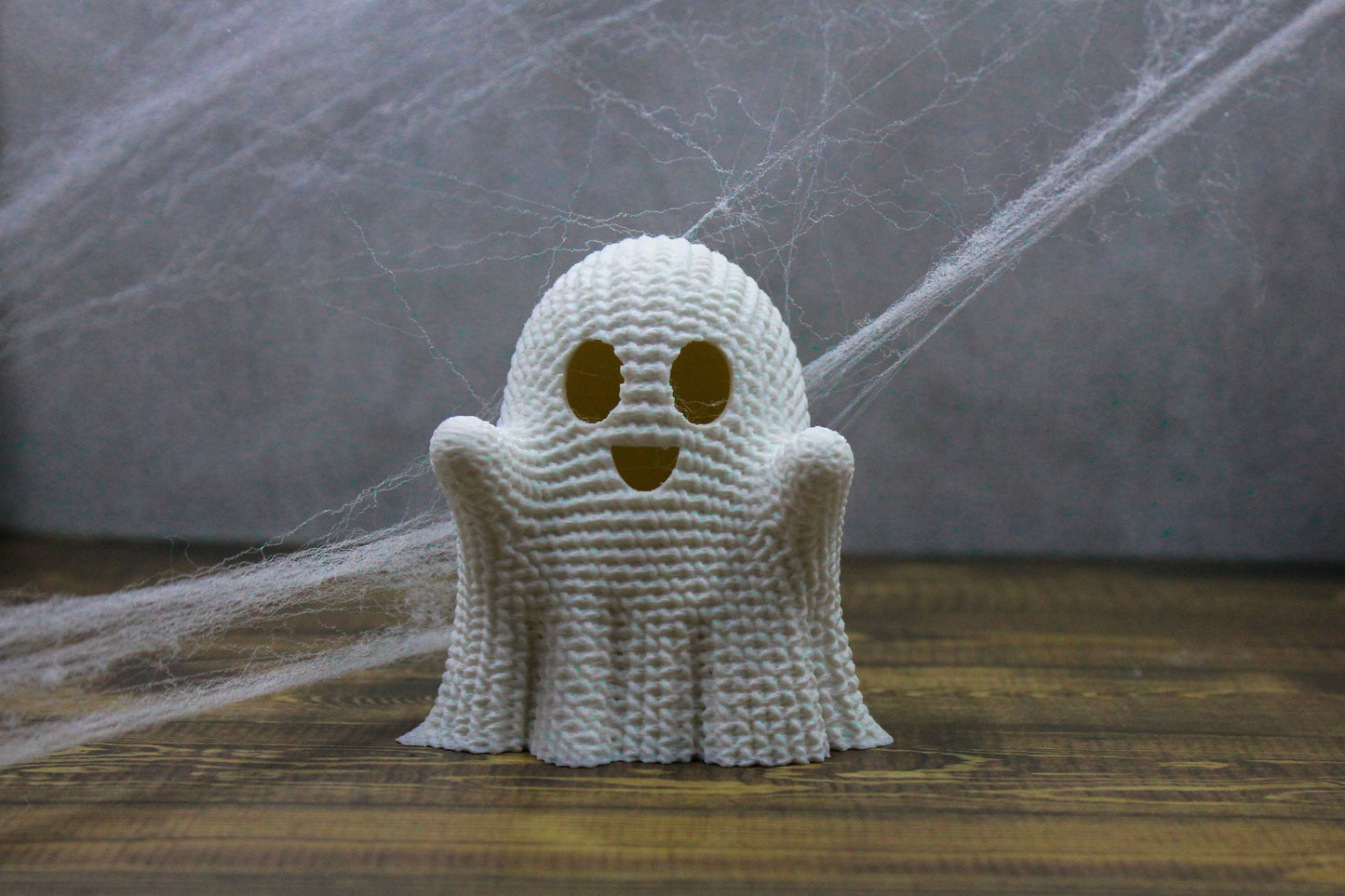 Adorable "Crocheted" Ghost w/Tea Light - Spooky Halloween Decoration - 3D Printed ghost with flickering battery power light included.