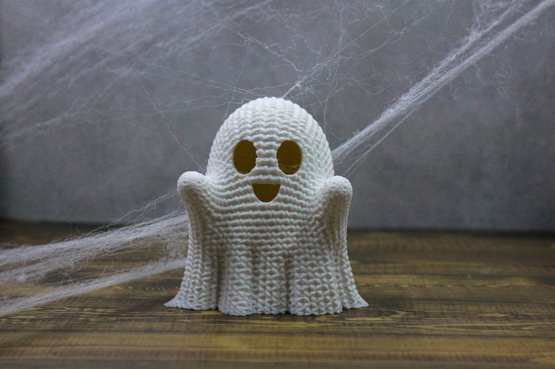 Adorable "Crocheted" Ghost w/Tea Light - Spooky Halloween Decoration - 3D Printed ghost with flickering battery power light included.