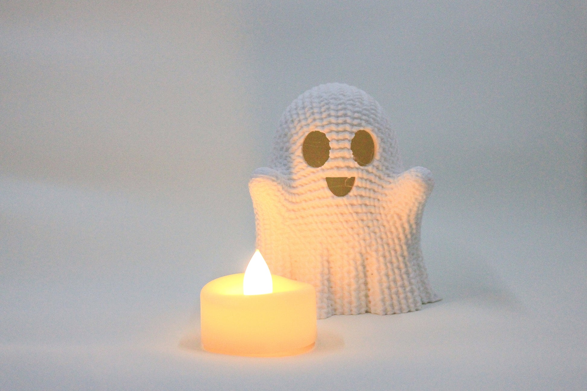 Adorable "Crocheted" Ghost w/Tea Light - Spooky Halloween Decoration - 3D Printed ghost with flickering battery power light included.